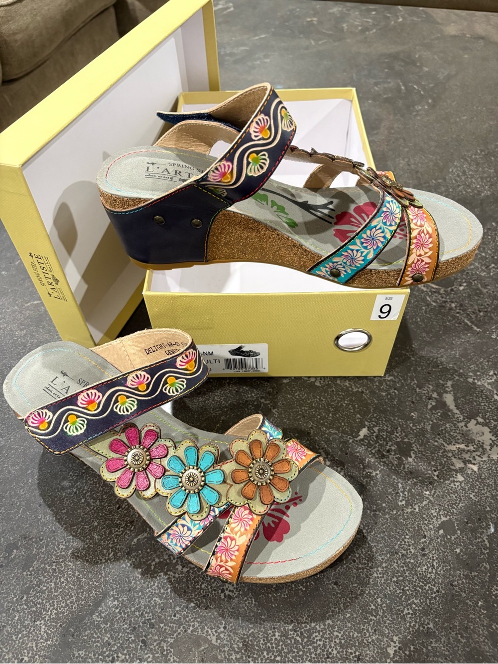 L’ARTISTE Delight by Spring Step Leather Floral Cork Wedge Sandals Sz 40 US 9 - Picture 2 of 10